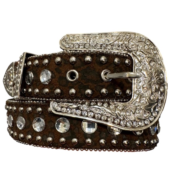 Blazin Roxx Accessories - Blazin Roxx western rhinestone belt brown leather silver crystal leopard cowgirl